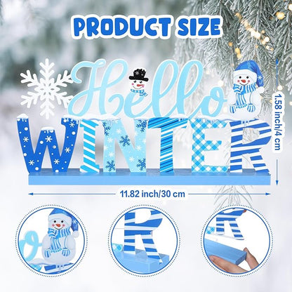 Winter Metal Sign Hello Winter Table Decor Christmas Tiered Tray Decor with Wooden Base Metal Blue and White Snowman Snowflake for Xmas Home Tabletop Centerpiece Mantel Shelf Fireplace