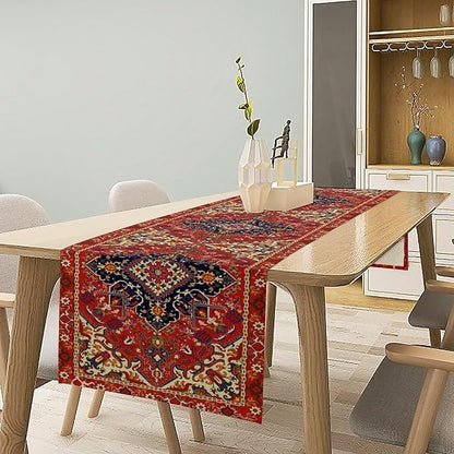 Boho Old French Table Runner, Vintage Red Beige Retro Flower Rustic Country Style Floral Print Pattern for Home Kitchen Table Decor Dining Coffee Room Garden Party Decor 13x120in