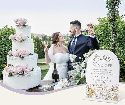 Wedding Signs for Ceremony and Reception, Boho Floral Acrylic Bubble Send Off Sign, Wedding Signage with Stand, Bridal Shower Table Centerpieces, Supplies for Engagement Reception and Event Party, 29