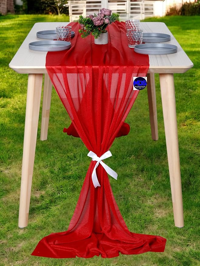 MDS 2 Pack 14ft Chiffon Table Runner 29 x 170 Inches Sheer Wedding Runner Romantic Rustic Table Runner for Wedding Decorations, Birthday Parties, Bridal Shower Party Arch Decor - Red