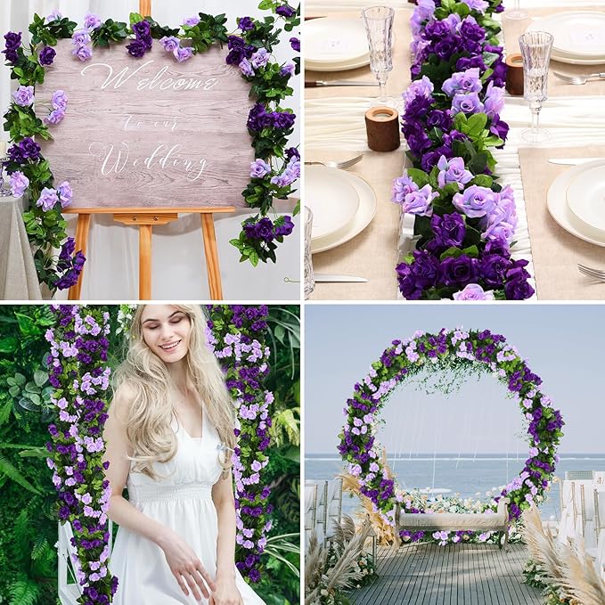 Floweroyal 4 Pack Artificial Flower Garlands 7.9FT Fake Rose Vines Silk Flowers Hanging Rose Ivy for Wedding Arch Party Home Garden Wall Decor (Purple)