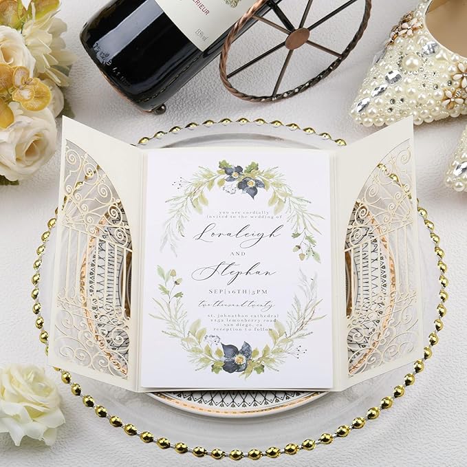 25Pcs Light Gold Glitter Laser Cut Wedding Invitation Kits with Envelopes and RSVP Cards Personalized Invitations for Sweet 16 Baby Bridal Shower Engagement Quinceanera Invite
