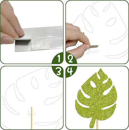 20pcs Glitter Tropical Leaves Centerpiece Decorations for Table Green Palm Leaf Theme Centerpiece Sticks Hawaiian Luau Birthday Decorations for Summer Jungle Theme Birthday Party Baby Shower Supplies