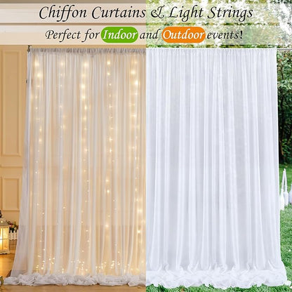 10ft x 7ft White Chiffon Backdrop Curtain with Lights String for Parites Wedding Wrinkle Free Curtain Photo Backdrops Drapes for Baby Shower Birthday Party Home Decorations