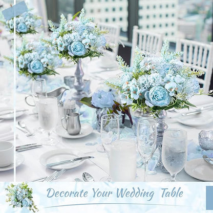 Zeyune 8 Pcs Wedding Silk Flowers Fake Silk Flowers Faux Bouquet Hydrangea Bouquets for Wedding Birthday Party Table Centerpieces Home Decoration(Blue,Peony)