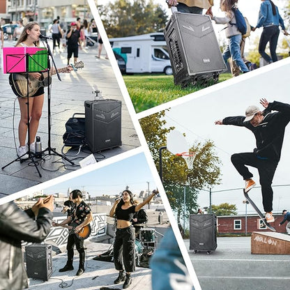 GTSK10-3 3-Way Portable Bluetooth PA Speaker with Wireless Microphones, 10" Subwoofer, Party Speaker with DJ Lights, USB/FM/TWS/Guitar Input, Rechargeable for Outdoor Events
