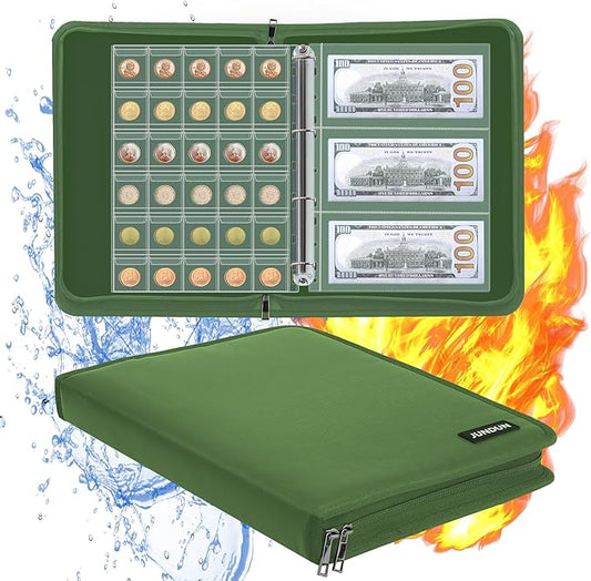 Coin Collection Book Holder for Collectors, 300 Pockets Fireproof Coins Collecting Album & 36 Sleeves Money Storage Case for Coin Currency Collection Supplies, Bill, Pennies, Quarters, Stamp,Green