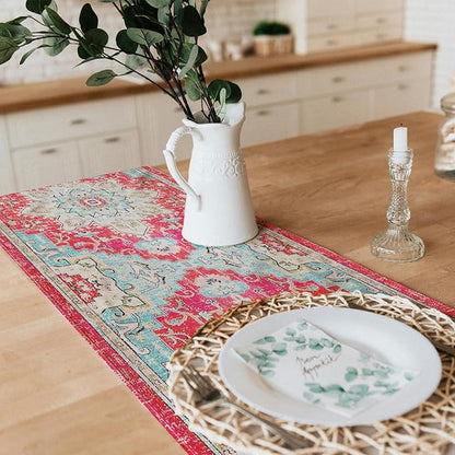 Snycler Table Runner Boho Table Runners Vintage Elegant Farmhouse Table Center Linen Decor for Home Dining Party Entrance (13x48 Inch) Boho-Pink