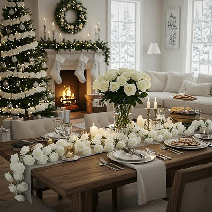 2 Pcs White Artificial Rose Vine Hanging Fake Flowers Garland for Wedding Anniversary Birthday Party Background Arch Garden Home Wall Room Decor