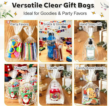 PigPotParty Cellophane Bags 8"x11", 50 Pack Clear Gift Bags, 3.15" Bottom Gusset for Stand-Up Display, Plastic Cellophane Gift Wrap, Ideal for Goodies, Treats, Party Favors, Mugs, Includes 50 Ties
