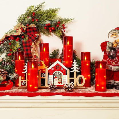 Homemory Red Flameless Candles with Embedded Star String Fairy Lights, Battery Operated Candles with Remote Control and Timer, Flickering LED Candle for Christmas Decor, Set of 9, D2.2 x H5 6" 7"