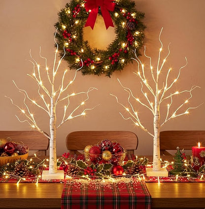 EAMBRITE Lighted Birch Tree Christmas Decorations Indoor for Home, 2Pack 24 LED Battery Operated/USB Tabletop Mini Small Artificial White Trees with Lights for Table Mantel Winter Xmas Decor (2FT)