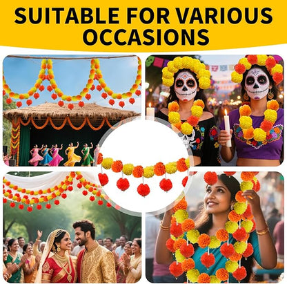 5 Pcs Diwali Artificial Marigold Garland with Pearls Decor, 4.5 Feet Artificial Marigold Flowers for Indian Pooja Diwali Home Mantle Decor Long Strands for All Year Decoration (Yellow＆Orange&Red)