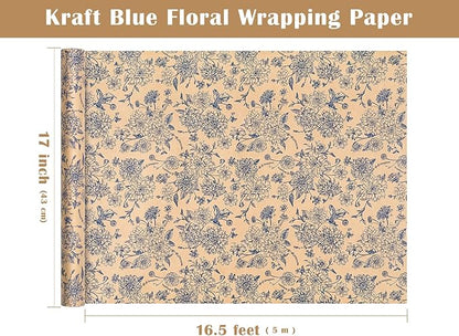 WRAPAHOLIC Kraft Blue Floral Wrapping Paper - Mini Roll - 17 Inch x 16.5 Feet - Vintage Blue Toile De Jouy Flower Wrapping Paper Perfect for Wedding, Birthday, Bridal Shower, Tea Party