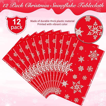 Jectivs 12 Pieces Christmas Snowflake Plastic Party Tablecloth Decorations,White Snowflake Red Xmas Backdrop Sign Table Cover Banner for Winter Christmas Holiday Party Supplies,54x108 inch (Red)