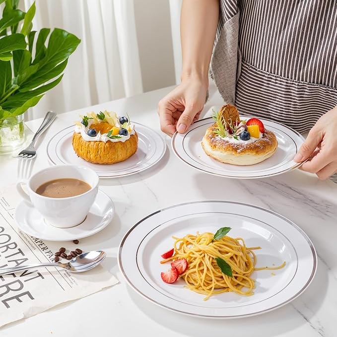 350Piece Silver Plastic Dinnerware Set for 50 Guests - Silver Plastic Plates with Cutlery Include:50Dinner Plates-50Dessert Plates-50Pre Rolled Napkins with Silverware for Christmas