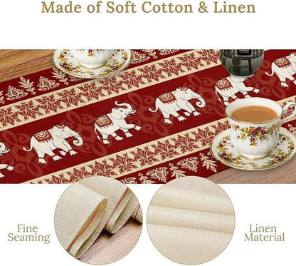 Boho Elephant Table Runner, Vintage Tribal Traditional African Animals Ethnic Folk Red Table Center Decor for Home Kitchen Dining Patio Holiday Party Indoor Outdoor Table Decorations, 13"x36" Inch