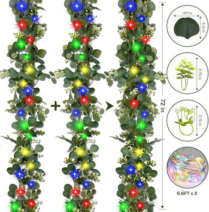Eucalyptus Garland with Lights, 2Pcs 6FT Green Flower Garland Decor, Artificial Faux Eucalyptus Leaves Greenery Vines for Table Runner Wedding Bedroom Mantle Arches Backdrops Decorations