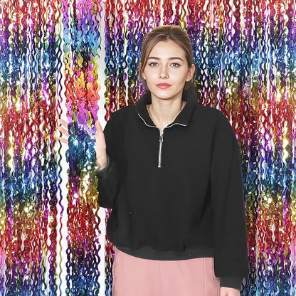 4 Pack Wavy Rainbow Foil Fringe Curtain | 3.3x6.6ft Colorful Tinsel Metallic Streamers Holiday Photo Booth Props Backdrop for Engagement Bridal Shower Unicorn Party Decorations