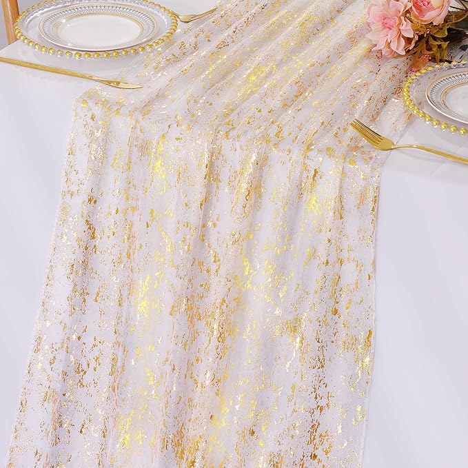 LOMOHOO 10 Ft Gold Table Runner, Golden Sheer Sequin Table Runners 120 Inches Long Glitter Metallic Foil Lace Fabric Table Decor for Birthday Party Wedding Anniversary Centerpiece (3pcs)