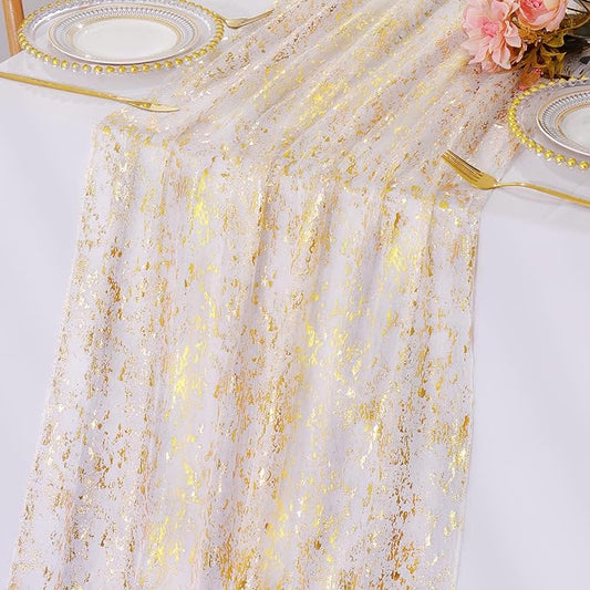 LOMOHOO 10 Ft Gold Table Runner, Golden Sheer Sequin Table Runners 120 Inches Long Glitter Metallic Foil Lace Fabric Table Decor for Birthday Party Wedding Anniversary Centerpiece (1pcs)