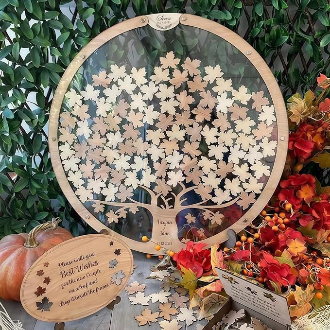 Personalized Wedding Guest Book Alternative - Wooden Leaf Guest Book Wedding, Personalized Wedding Reception, Custom Wooden GuestBook, Stereoscopic Tree Guest Book