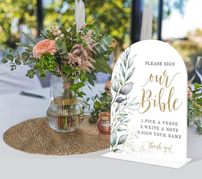 Acrylic Wedding Signs, Greenery Theme Please Sign Our Bible, Wedding Reception Signage, Bridal Shower Table Decor with Stand, Engagement, Anniversary, Newlywed Events and Parties Supplies, 11