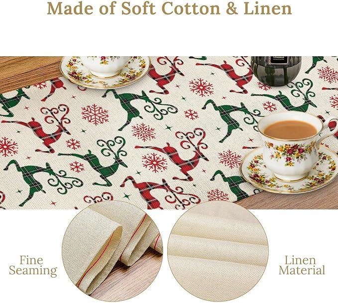 Christmas Table Runner,Christmas Plaid Deer Print Farmhouse Table Cloth Kitchen Dining Table Decoration for Home Party Decor 13x36 Inch