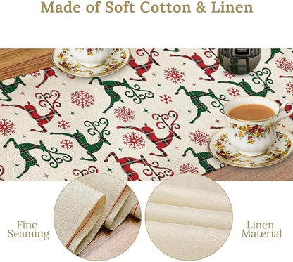 Christmas Table Runner,Christmas Plaid Deer Print Farmhouse Table Cloth Kitchen Dining Table Decoration for Home Party Decor 13x70 Inch