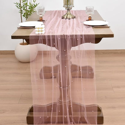 Joanlody Fall Pearl Table Runner 10ft Rustic Boho Tulle Table Runner with Pearls for Baby Shower Wedding Party Veil Dessert Thanksgiving Table Decor Dusty Rose 4pcs
