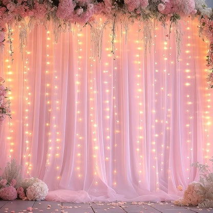 Sheer Backdrop Curtains with Lights String for Weddings Baby Showers, 10x10ft Sheer Tulle Photo Backdrop Curtains for Birthday Party Photography Background Decoration, Pink