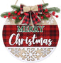 CHDITB 3D Merry Christmas Front Door Sign Wreath(11.4”), Red Black Bufflao Plaid Christmas Decoration Wall Hanging with Snowflakes Berries Mistletoe, Rustic Farmhouse Xmas Decor for Home Winter Party
