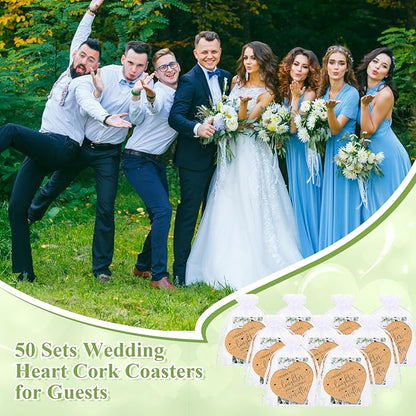 Uiifan 50 Set Wedding Favors for Guest Coaster Gifts Bulk Heart Shaped Coasters Thank You Cards Organza Bags Guest Souvenirs for Wedding Party Bridal Favors