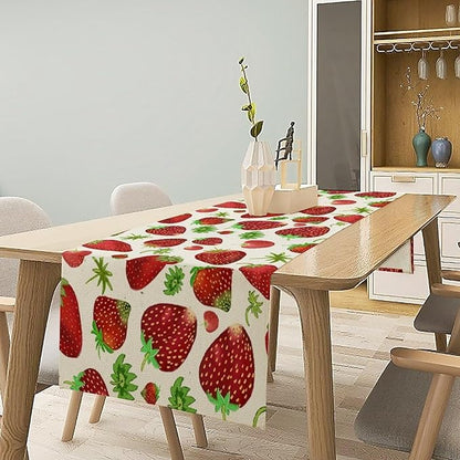 Strawberry Table Runner Spring Summer Fruit Wild Berry Forest Garden Dinner Runner for Girl Baby Shower Party Holiday Home Kitchen Dining Table Decor 13x36