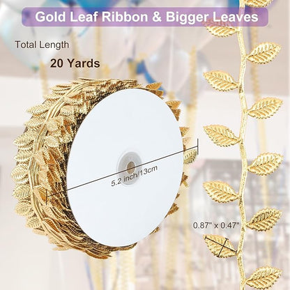 Naidiler Gold Leaf Ribbon, 20 Yards Artificial Gold Leaf Trim for DIY Crafts, Wrapping, Wedding Cake Baby Shower Party Wreath Garland Hair & Clothes Home Décor