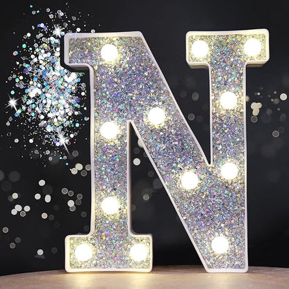 Pooqla Light Up Letters, LED Marquee Letters for Silver Birthday Decorations, Battery Powered Night Light Teenager Girl Room Decor, Gift for Girls Boys Wedding Bedroom Christmas Party Decor, Letter N