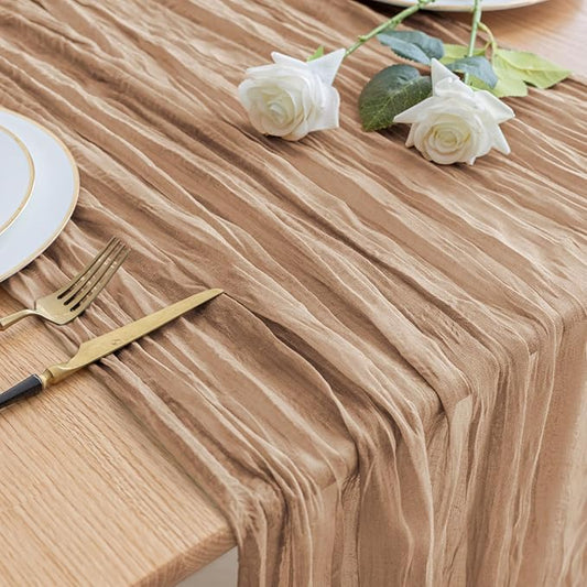 Asee'm Cheesecloth Table Runner 120 Inches Long Nude Boho Gauze Cheese Cloth Runner 10FT Rustic Sheer Fall Table Runners for Thanksgiving Christmas Wedding Party Baby Shower Decoration