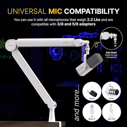 IXTECH Mic Arm White Premium Boom Arm 360° Rotatable Microphone Arm Stand with Desk Mount Fully Adjustable Sturdy and Universal VALIANT WHITE Model