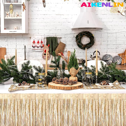 6 Pack 29x108 Inch Metallic Foil Fringe Tinsel Table Skirts Banner for Rectangle Tables Streamer Garland Backdrop for Wedding, Birthday, Parade Floats, Halloween Party Decoration(New Champagne Gold)