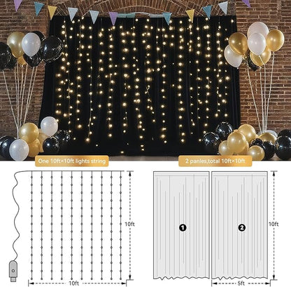 Ledido 10×8ft Tulle Backdrop Curtains with Lights String - 300LED Fairy Lights Sheer Curtain Backdrop for Weddings Baby Shower and Birthday Party Decorations(2 Panels 5×8ft)