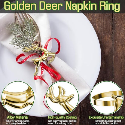 ZeeDix Gold Reindeer Christmas Napkin Rings Set of 8, Napkin Holder Ring for Christmas Dinner Table Decor Cloth Napkins, Wedding Receptions, Holiday Party, Banquet and Home Kitchen