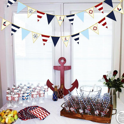 Navy Red Beige Gold Glitter Stamping Paper Pennant Banner Flag Triangle Bunting for Nautical Pirate Ahoy Achor Theme Birthday Baby Shower Wedding Let's Get Nauti Bachelorette Party Decoration Supplies