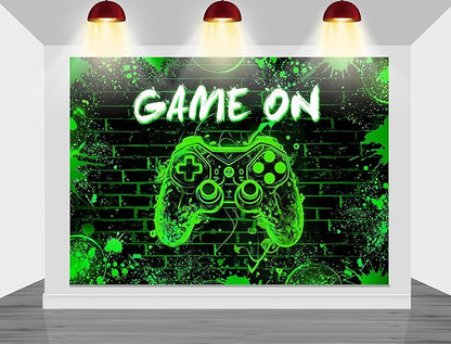 Mocsicka Game On Backdrop Video Game for Boys Level Up Birthday Party Decoration Game Night Arcade Neon Glow Gamer Banner Photography Background (Green, 10x8ft(120"x96"))