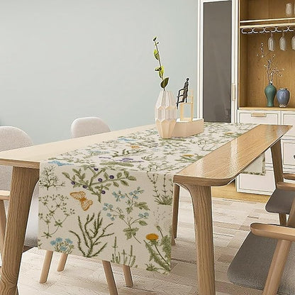Floral Table Runner,Wildflower Spring Table Runner Seasonal Summer Butterfly Kitchen Dining Table Decoration for Home Party 13x60 Inch