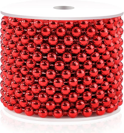 Red 8MM Faux Pearl Garland, 33 Feet Roll Strand Wedding Party Decoration, Christmas Tree Decorations