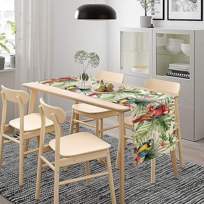 Parrot Table Runner,Tropical Palm Leaf Colorful Macaw Bird Watercolor Print Tablecloth Burlap for Hotel Indoors Outdoor Dining Room Kitchen Home Decor,W13X L36 in