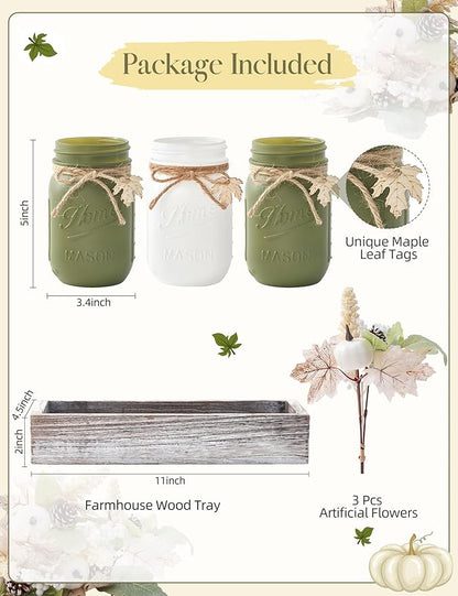 Fall Thanksgiving Table Decor, Centerpieces for Tables with Mason Jar, Fake Flowers, Wood Tray, 16 Pcs Pumpkin Fall Thanksgiving Centerpieces Table Decorations for Home, Farmhouse Kitchen Decor
