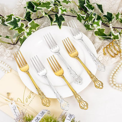 30PCS Silver Plastic Forks - 8.1inch Silver Forks Disposable - Vintage Heavy Duty Dessert Forks - Premium Fancy Plastic Silverware for Parties, Weddings, Dinners and Events