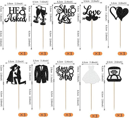 30 Pack Bride to be Cupcake Toppers Glitter Diamond Ring Love I Do Cupcake Picks Miss to Mrs He Asked She Said Yes Bridal Shower Wedding Engagement Bachelorette Cake Decorations Party Black