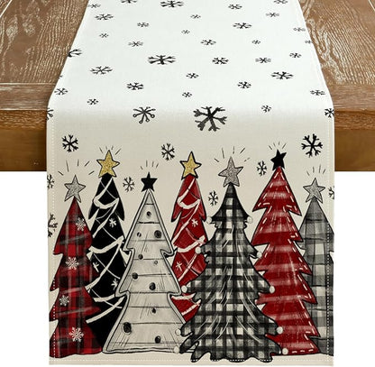 GEEORY Christmas Table Runner 13x60 Inch, Xmas Tees Snowflakes Holiday Decorative Farmhouse Table Decoration for Kitchen Dinning, Indoor Outdoor Dinner Party Decor ((Red & Black) GT165-60